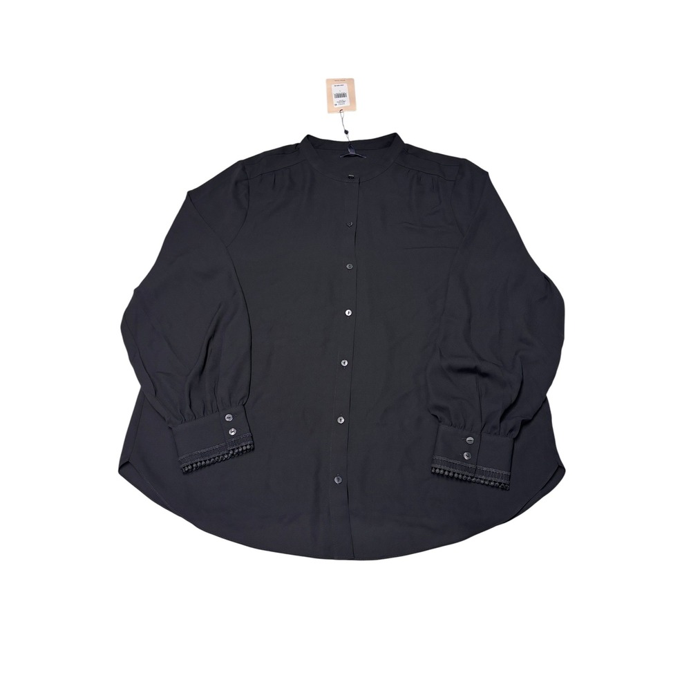 NWT NYDJ Janie Blouse Black Long Sleeve Lace Trim Button Front Top Womens Large